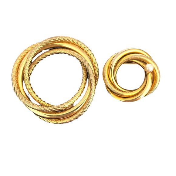 Two Classic Gold Tone Twisted Rope Style Circle Brooches Large & One Faux Pearl - Picture 1 of 10